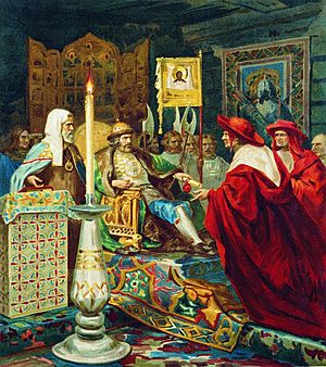 Alexander Nevskiy receiving papal legates by Siemiradzki (litography)