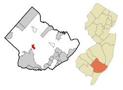 Map of Mays Landing CDP in Atlantic County. Inset: Location of Atlantic County in New Jersey.