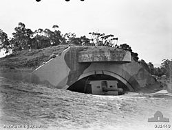 Black and white photograph of a concrete fortification