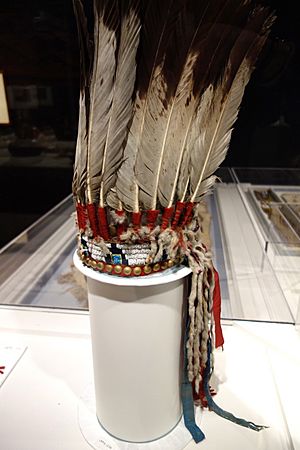 Eagle feather war bonnet, Cheyenne, 19th century, trade beads, eagle feathers, red stroud - Cincinnati Art Museum - DSC04333