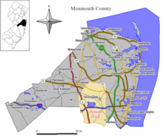 Map of Howell Township in Monmouth County. Inset: Location of Monmouth County highlighted in the State of New Jersey.