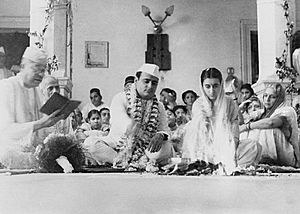 The marriage ceremony of Feroze Gandhi and Indira Gandhi, March 26, 1942 at Anand Bhawan, Allahabad