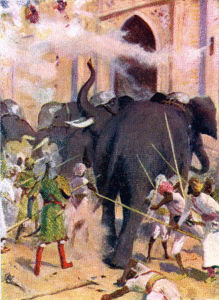 WAR ELEPHANTS CHARGE THE GATES OF THE FORT AT ARCOT.