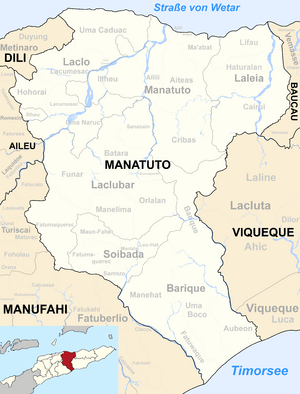 Map of East Timor highlighting Manatuto Municipality