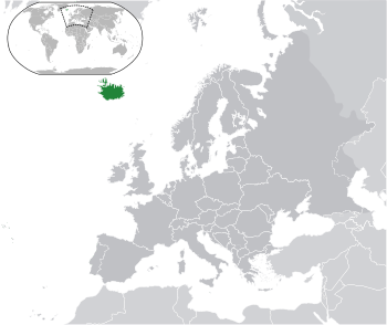 Location of  Iceland  (dark green)on the European continent  (dark grey)  —  [Legend]