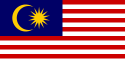A blue rectangle with a gold star and crescent in the canton, with 14 horizontal red and white stripes on the rest of the flag