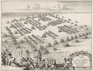 Formatie van de vloot waarmee Willem III naar Engeland is gevaren, 1688 Ordre soo als De Vloot van syn Koninglyke Hoogheyt den Heer Prins van Oranje na Engelant gezeilt is den 11 november MDCLXXXVIII (titel op object), RP-P-OB-70.103