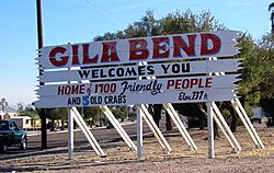 A humorous, numerically outdated sign welcomes people to Gila Bend, Arizona.