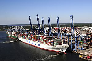 The 13,092-TEU container ship COSCO Development works at the Port of Charleston's Wando Welch Terminal