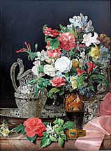 1840 Waldmüller Blumenstrauß mit Silbergefäßen und antiker Vase anagoria
