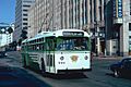 1987 SF Historic Trolley Festival - 1950 Muni trolley coach 776 on route 8, on Market St at 10th