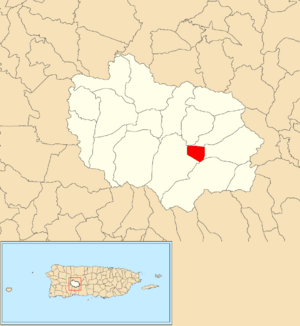 Location of Adjuntas barrio-pueblo within the municipality of Adjuntas shown in red