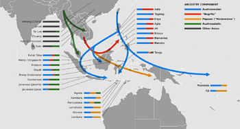 Early stages of the Austronesian diaspora showing best-fit genomic proportions of Austronesian-speaking peoples in ISEA and their inferred population movements