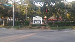 Welcome sign, with Teddy Bear Park in the background.