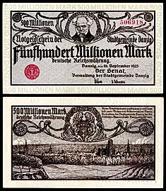 Schopenhauer depicted on a 500 million Danzig papiermark note (1923)
