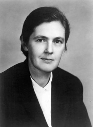 Formal, black-and-white photo of Frances Oldham Kelsey, showing a middle-aged Caucasian woman with short dark hair