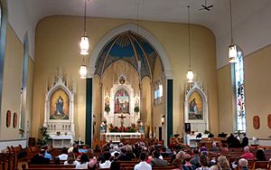 Holy Family Catholic Church (Oldenburg, Indiana) - interior, nave before a wedding Mass