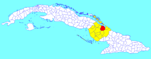 Minas municipality (red) within  Camagüey Province (yellow) and Cuba