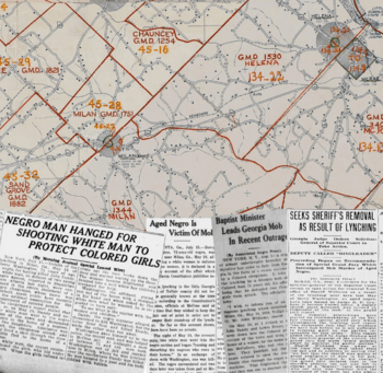 Map with B&W news paper articles