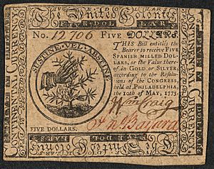 Verso The United Colonies 5 dollars 1775 urn-3 HBS.Baker.AC 1142110
