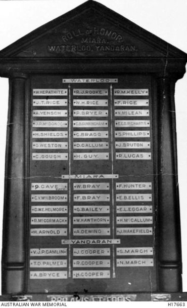 World War I Roll of Honour which covered the areas of Yandaran, Waterloo and Miara.jpg