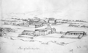 Drawing by William Rich Hutton depicting a section of Los Angeles, ca.1847 (CHS-12877)