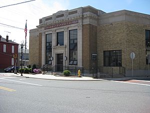 The historic bank building in Rising Sun