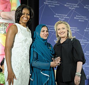 Shad Begum with Hillary Rodham Clinton and Michelle Obama at 2012 IWOC Award cropped