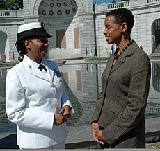 US Navy 090519-N-9268E-004 U.S. Rep. Donna F. Edwards speaks with Senior Chief Yeoman Dee Allen during the 12th Annual Women in the Military Wreath Laying Ceremony