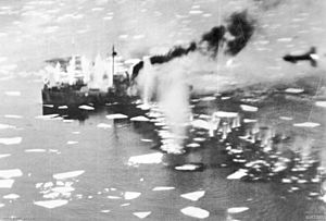 German ship under attack in Forde Fjorde 9 February 1945