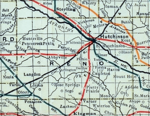 Stouffer's Railroad Map of Kansas 1915-1918 Reno County