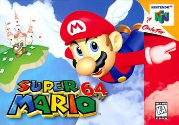 Artwork of a horizontal rectangular box. Mario flies with his Wing Cap power-up in front of a blue backdrop with clouds, a Goomba, and Princess Peach's Castle in the distance. The bottom portion reads "Super Mario 64" in red, blue, yellow, and green block letters.