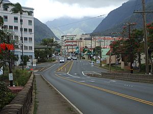 Wailuku, looking from the Wai'ale Drive Bridge towards ʻĪao Valley.