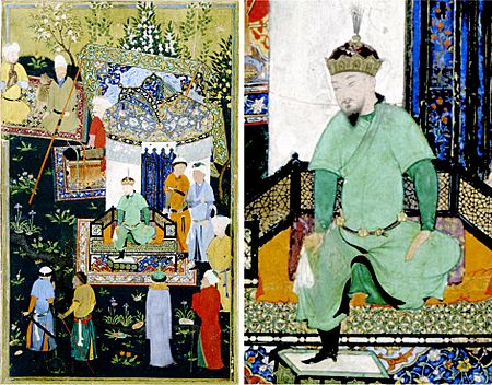 Depiction of Timur granting audience on the occasion of his accession, in the near contemporary Zafarnama (1424-1428), 1467 edition