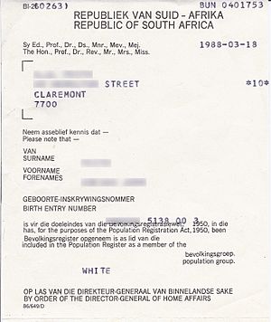 Population registration certificate South Africa 1988