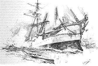 Ship of temeraires type sinking by the stern after being torpedoed aft
