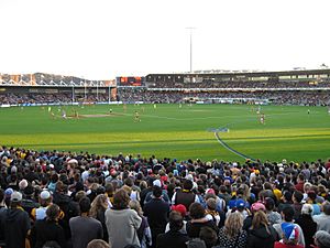 A small stand to the left and a two tier stand and scoreboard filled with people in the backdrop of an oval grass playing surface scattered with players. Spectators stand in the foreground.