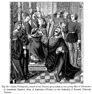 Queen Fredegonde seated on her Throne gives orders to two young Men of Terouanne to assassinate Sigebert King of Austrasia Window in the Cathedral of Tournai Fifteenth C