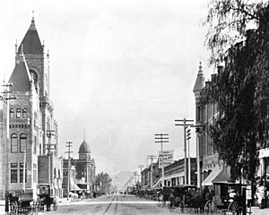 Street view in San Bernardino, California, includes courthouse, ca.1905 (CHS-8547)