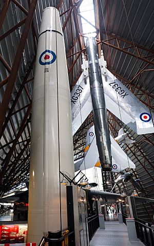 Thor missile and Lighting fighter at RAF Museum Midlands September 2022.jpg