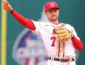 Trea Turner throws it around the horn after an Eric Fedde strikeout from Nationals vs. Diamondbacks at Nationals Park, April 17th, 2021 (All-Pro Reels Photography) (51135760572) (cropped)