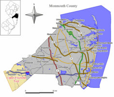 Map of Upper Freehold Township in Monmouth County. Inset: Location of Monmouth County highlighted in the State of New Jersey.