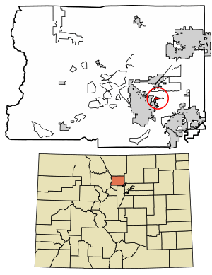 Location of the Valmont CDP in Boulder County, Colorado.