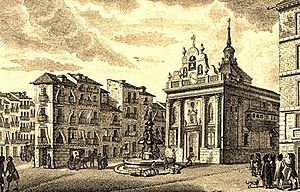 Fountain del Buen Suceso and church Iglesia del Buen Suceso 1790