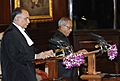 Justice S.H. Kapadia administering the oath of the office of the President of India to Shri Pranab Mukherjee at a swearing-in ceremony in the central hall of Parliament, in New Delhi on July 25, 2012