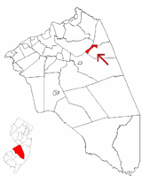 Wrightstown highlighted in Burlington County. Inset map: Burlington County highlighted in the State of New Jersey.