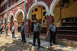 Myanmar Police outside Insein Township courtroom (Aung Naing Soe-VOA)