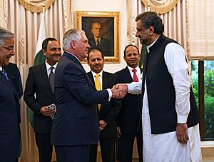 Rex Tillerson and Shahid Khaqan Abbasi in Islamabad, Pakistan - 2017 (37852997866) (cropped)