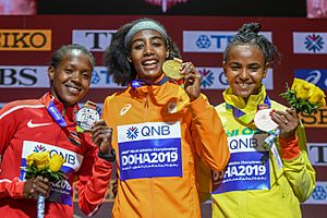 Women's 1500m podium at Doha 2019