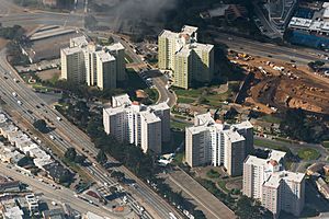 Aerial view of five Parkmerced apartment buildings